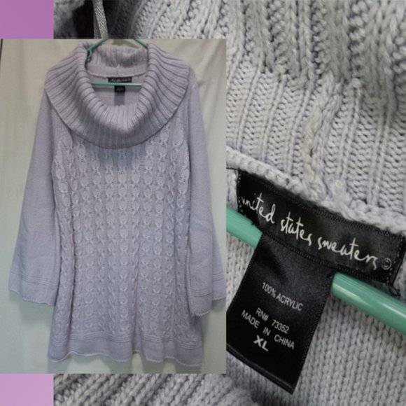United States Sweaters Pale Periwinkle Cable Knit Tunic Length Cowl Neck XL - Picture 1 of 11